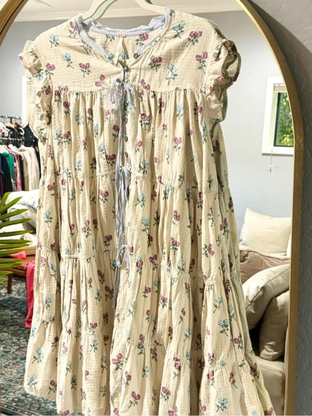 Free People Cream Floral Mini Dress with Pink Roses - Picture 3 of 5